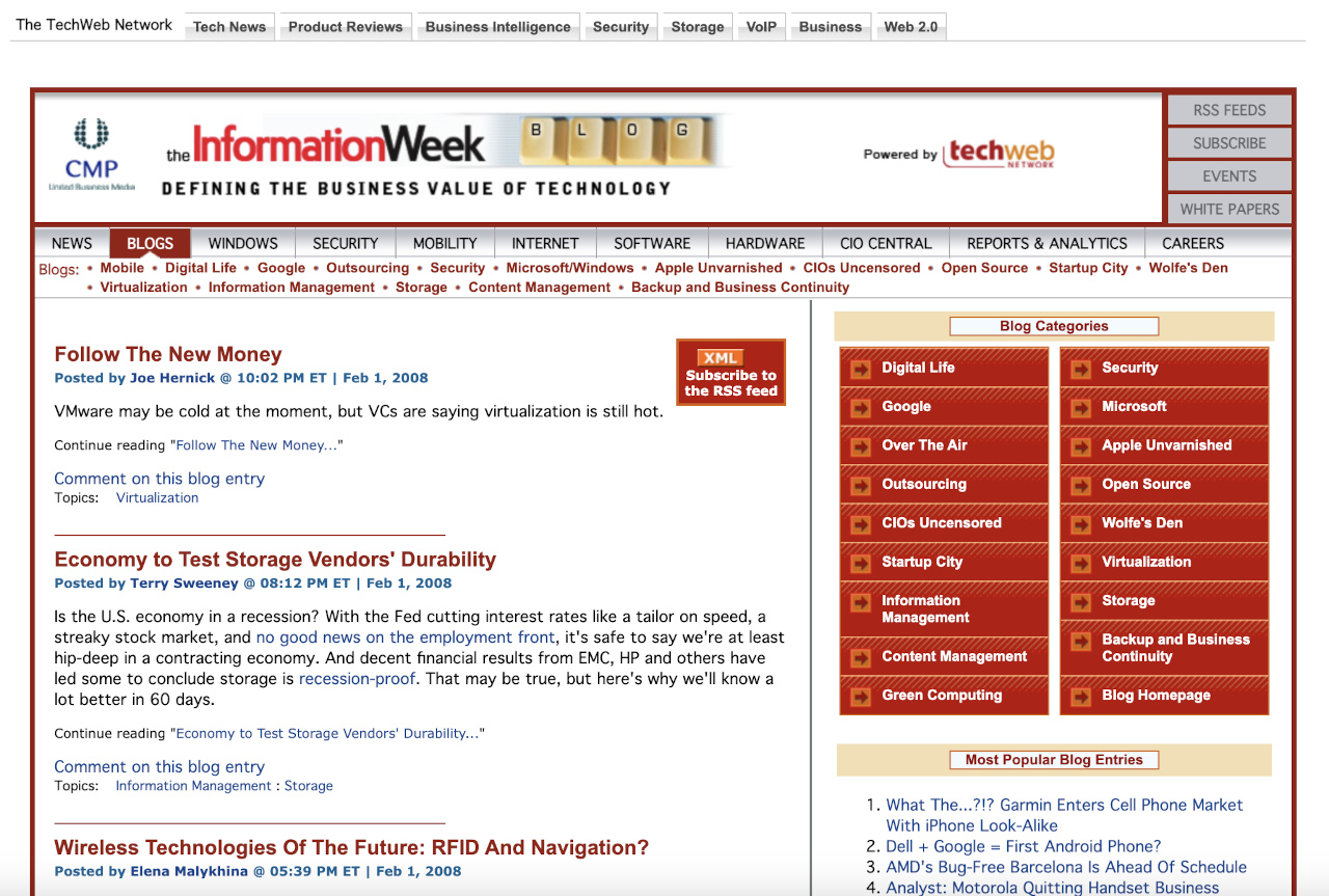 InformationWeek blog page, Feb 2008
