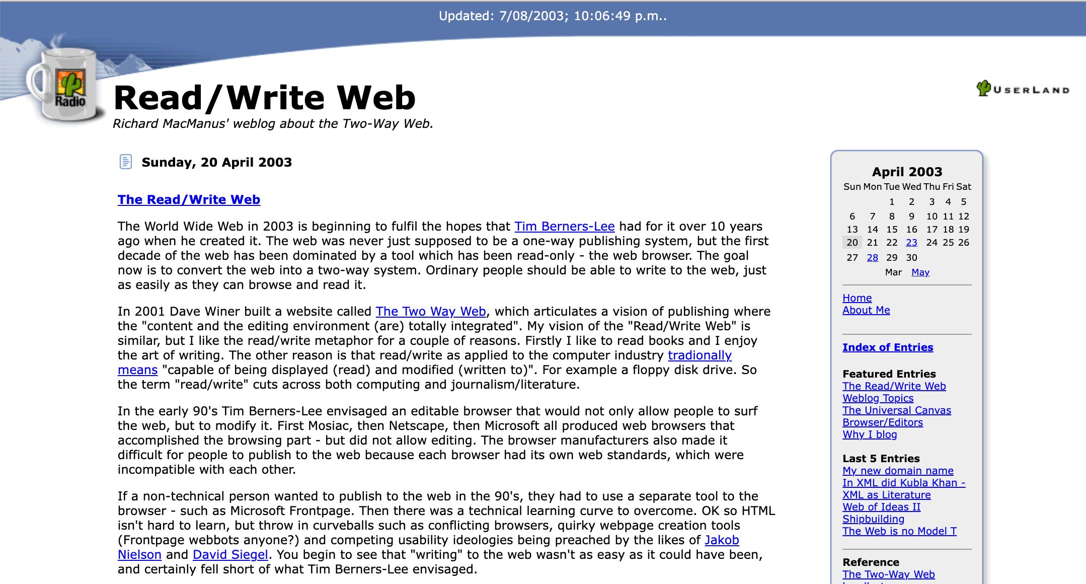 The first ReadWriteWeb post, April 2003 The first ReadWriteWeb post, April 2003