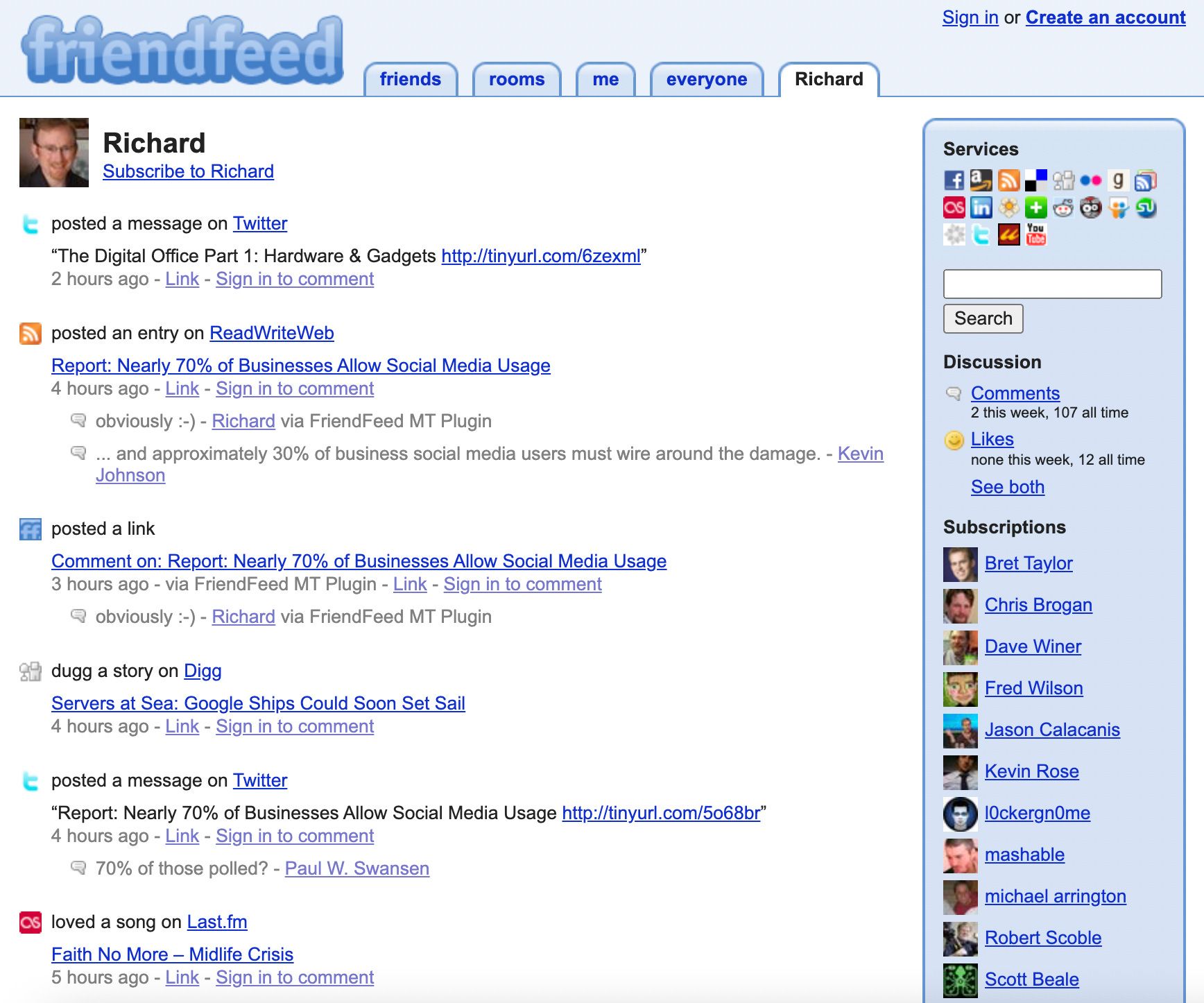 Screenshot of FriendFeed, September 2008