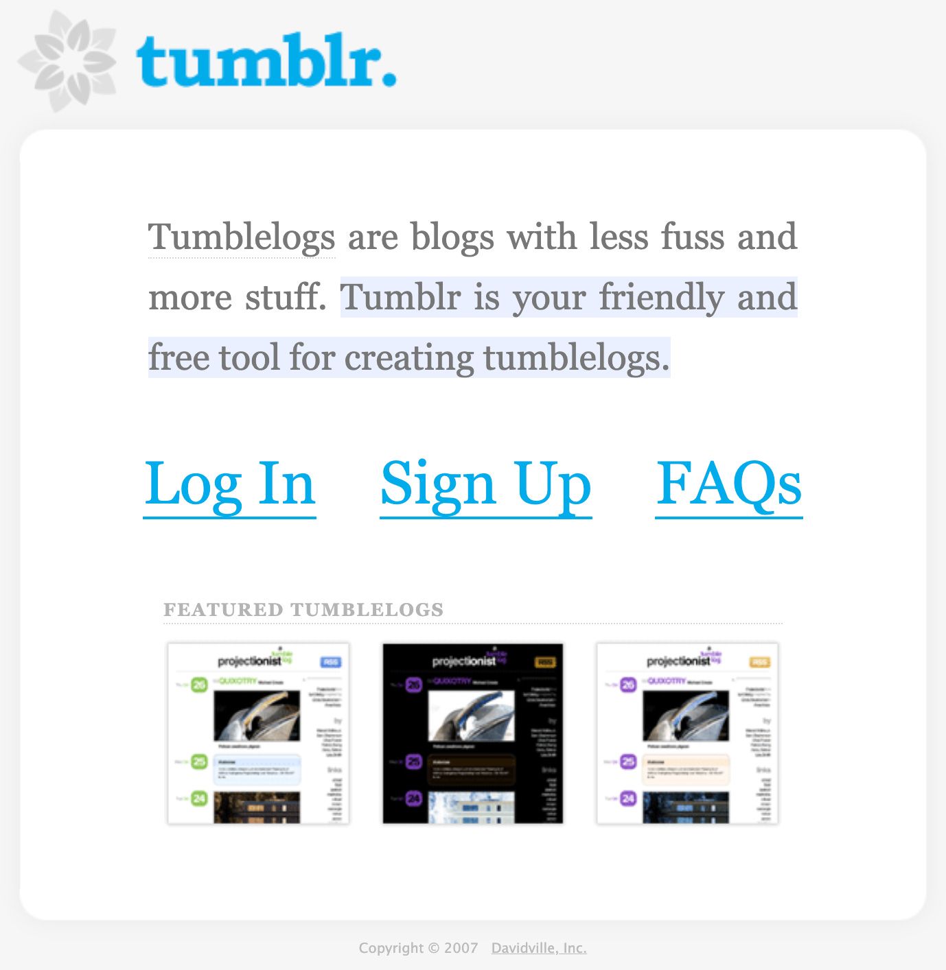 Screenshot of Tumblrās homepage, Jan 2007