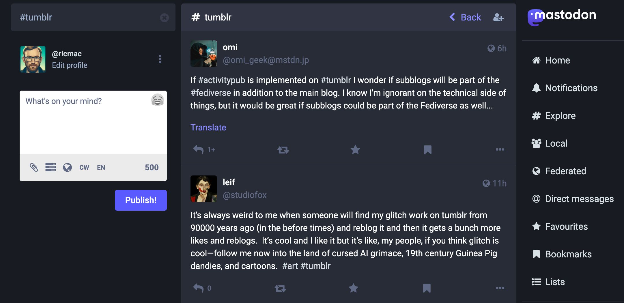 Screenshot of Mastodon in 2023